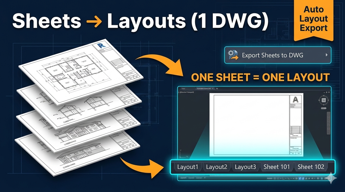 Interface of MLabs plugin showing how to export multiple sheets to dwg layouts in Revit