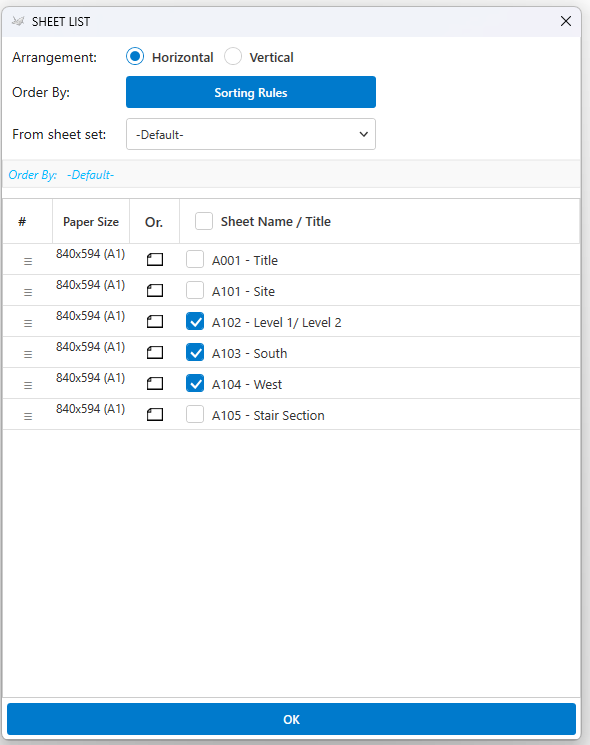 Select Revit Sheets Dialog