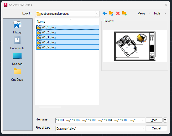 Select multiple DWG files to merge