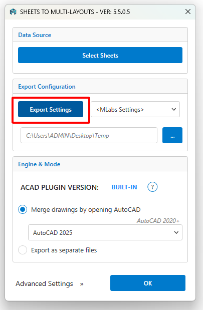 MLabs Export Settings Button