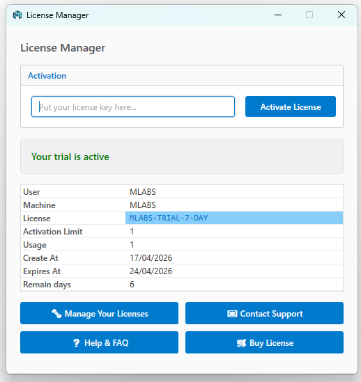 License Manager showing active trial