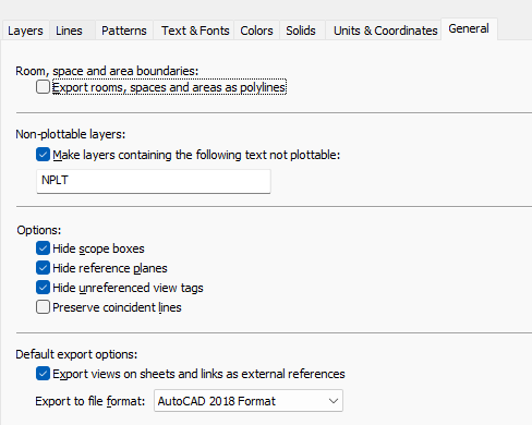 Revit General Export Settings