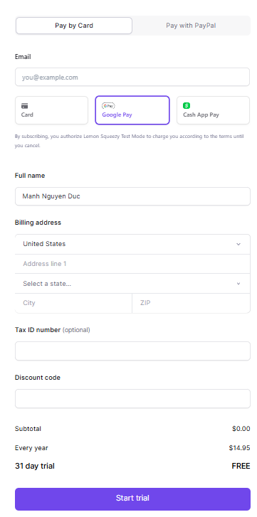 Lemon Squeezy checkout page
